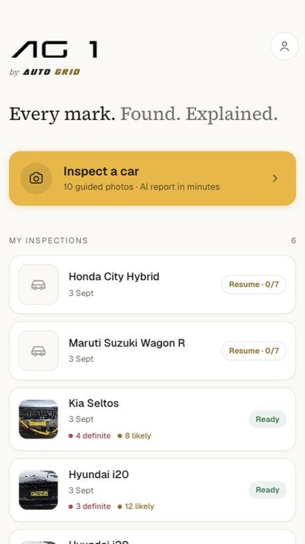 AG1 car inspection app home screen with inspection history