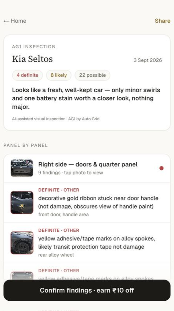 AI car inspection report with findings marked on the photo