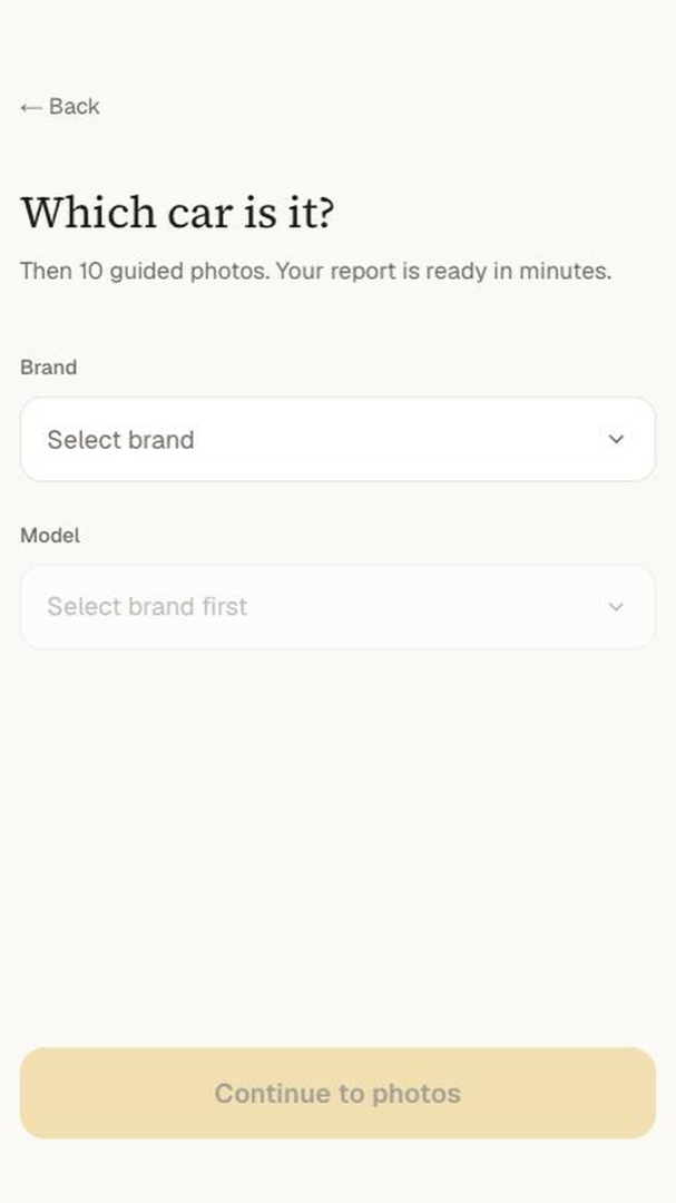 Starting a new car inspection in the AG1 app — brand and model selection